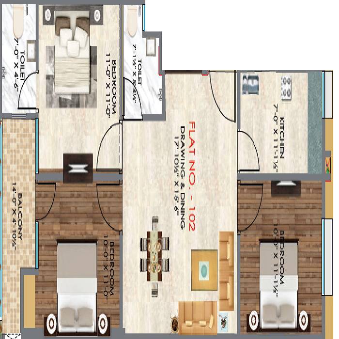 Floor plan of 3 BHK 807 Sq. Ft. Apartment in Vinayak RR Heights, Jaipur