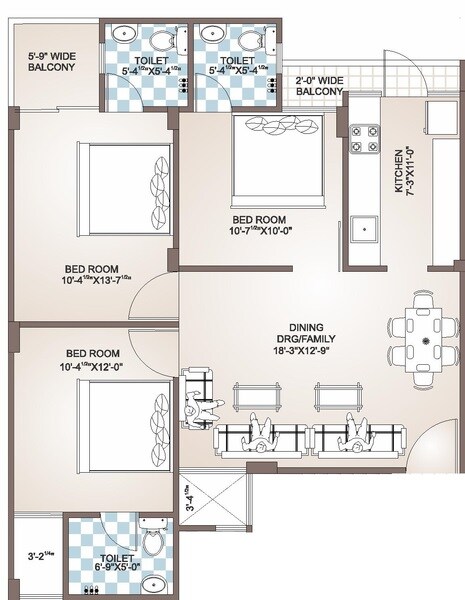 Floor plan of 3 BHK 1400 Sq. Ft. Apartment in Virasat Vinayak Residency, Jaipur
