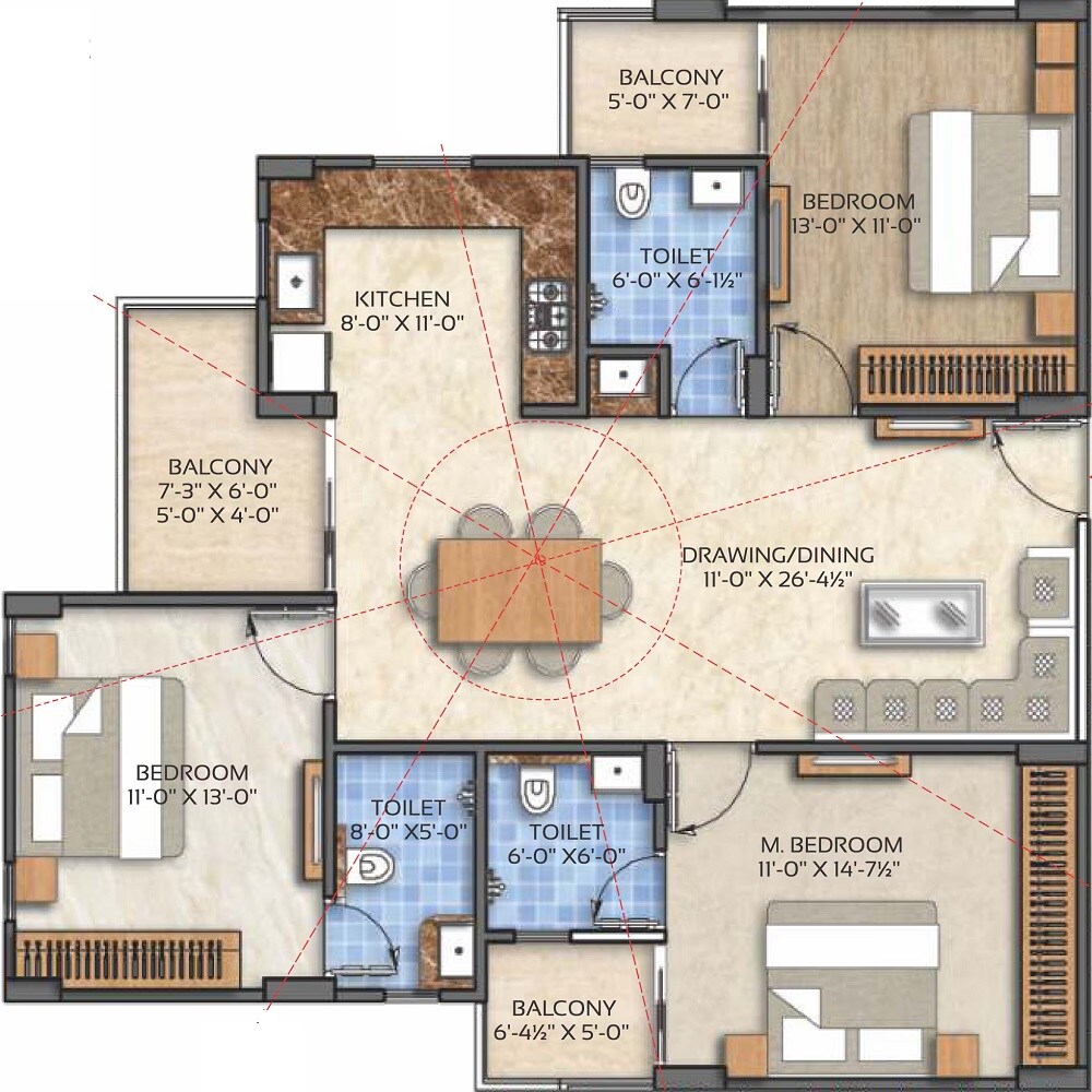 Floor plan of 3 BHK 989 Sq. Ft. Apartment in Virat Krishnav, Jaipur