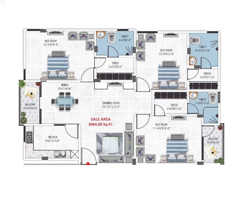 Floor plan of 3 BHK 2064 Sq. Ft. Apartment in Vishwaas 24, Jaipur