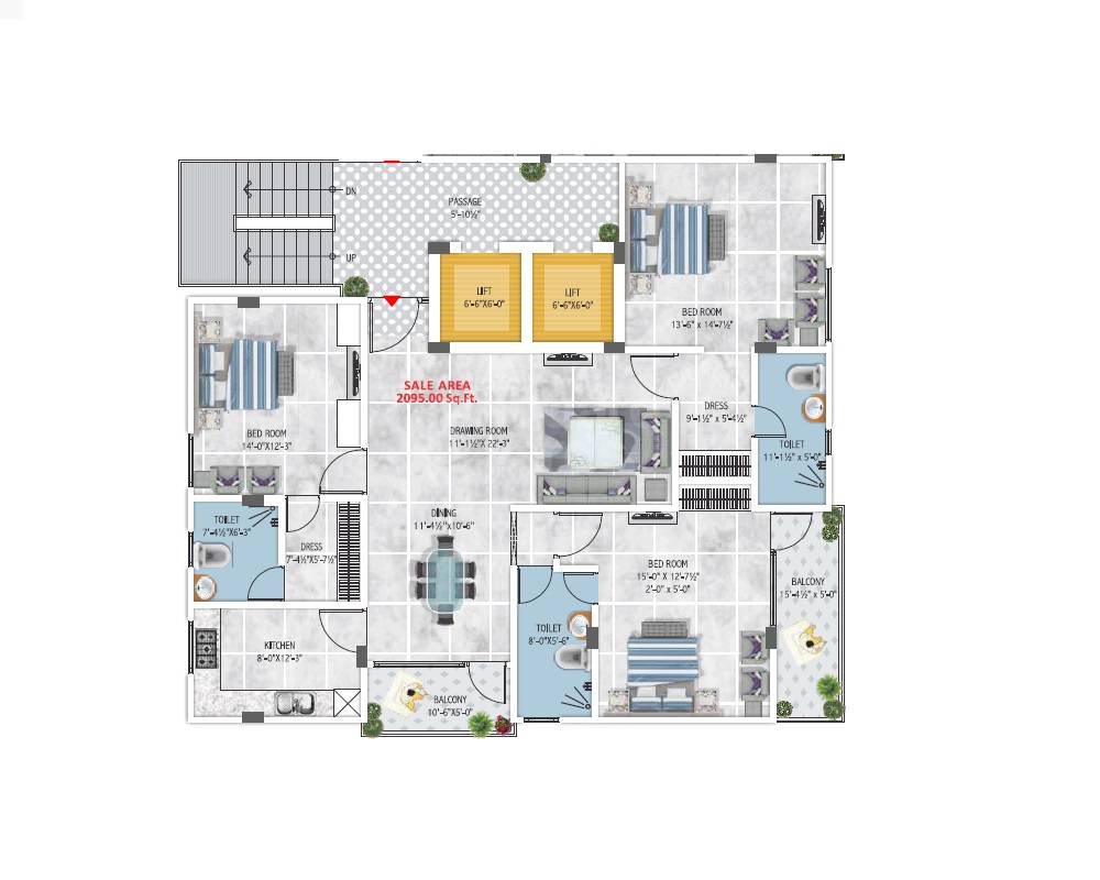 Floor plan of 3 BHK 2095 Sq. Ft. Apartment in Vishwaas 24, Jaipur