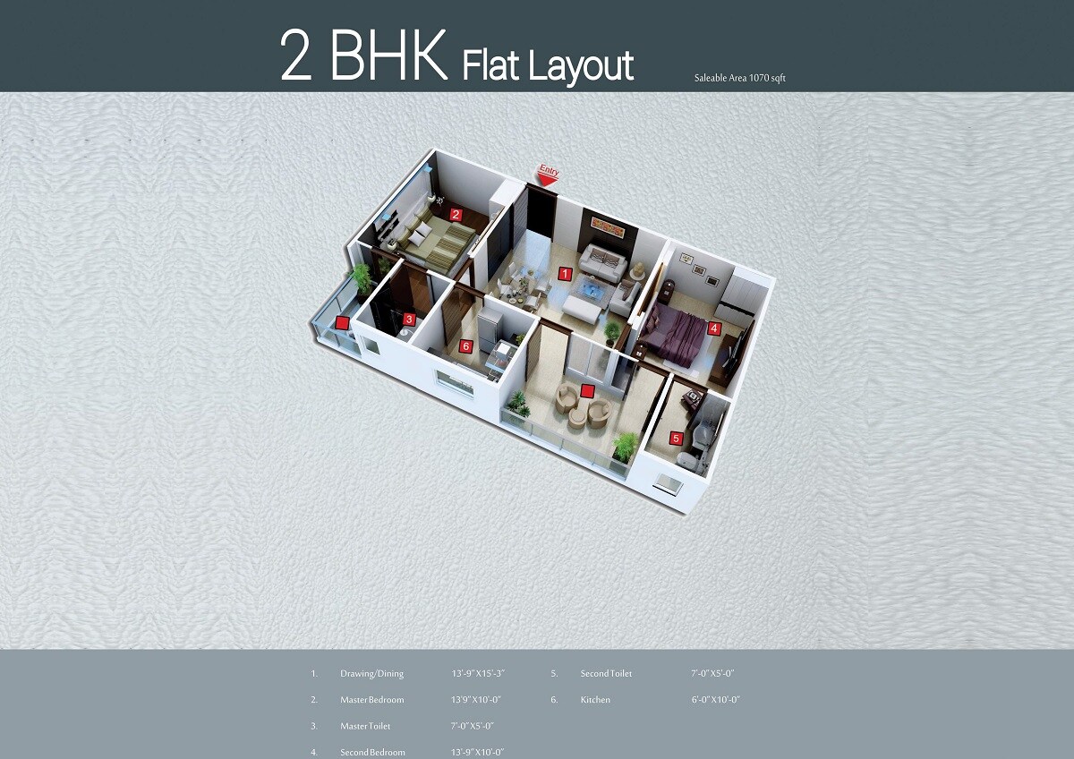 Floor plan of 2 BHK 1070 Sq. Ft. Apartment in VN Exclusive 444, Jaipur