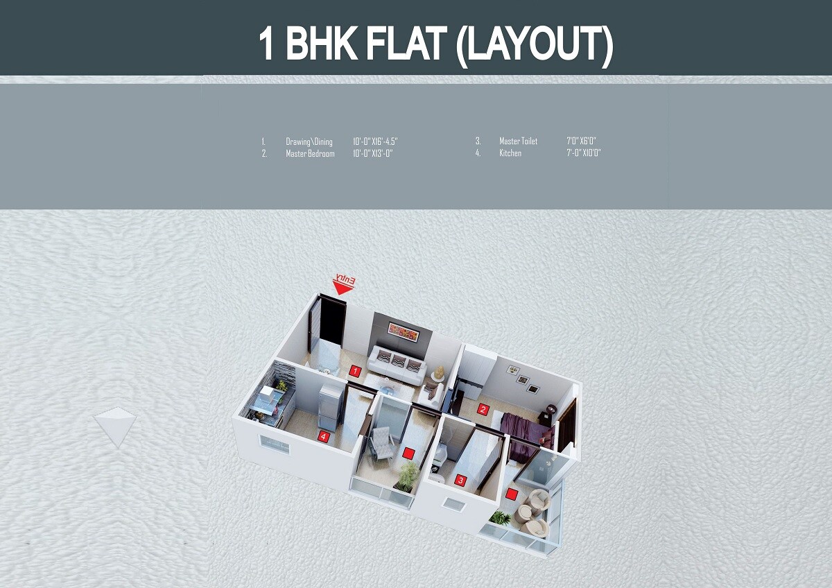Floor plan of 1 BHK 650 Sq. Ft. Apartment in VN Exclusive 444, Jaipur