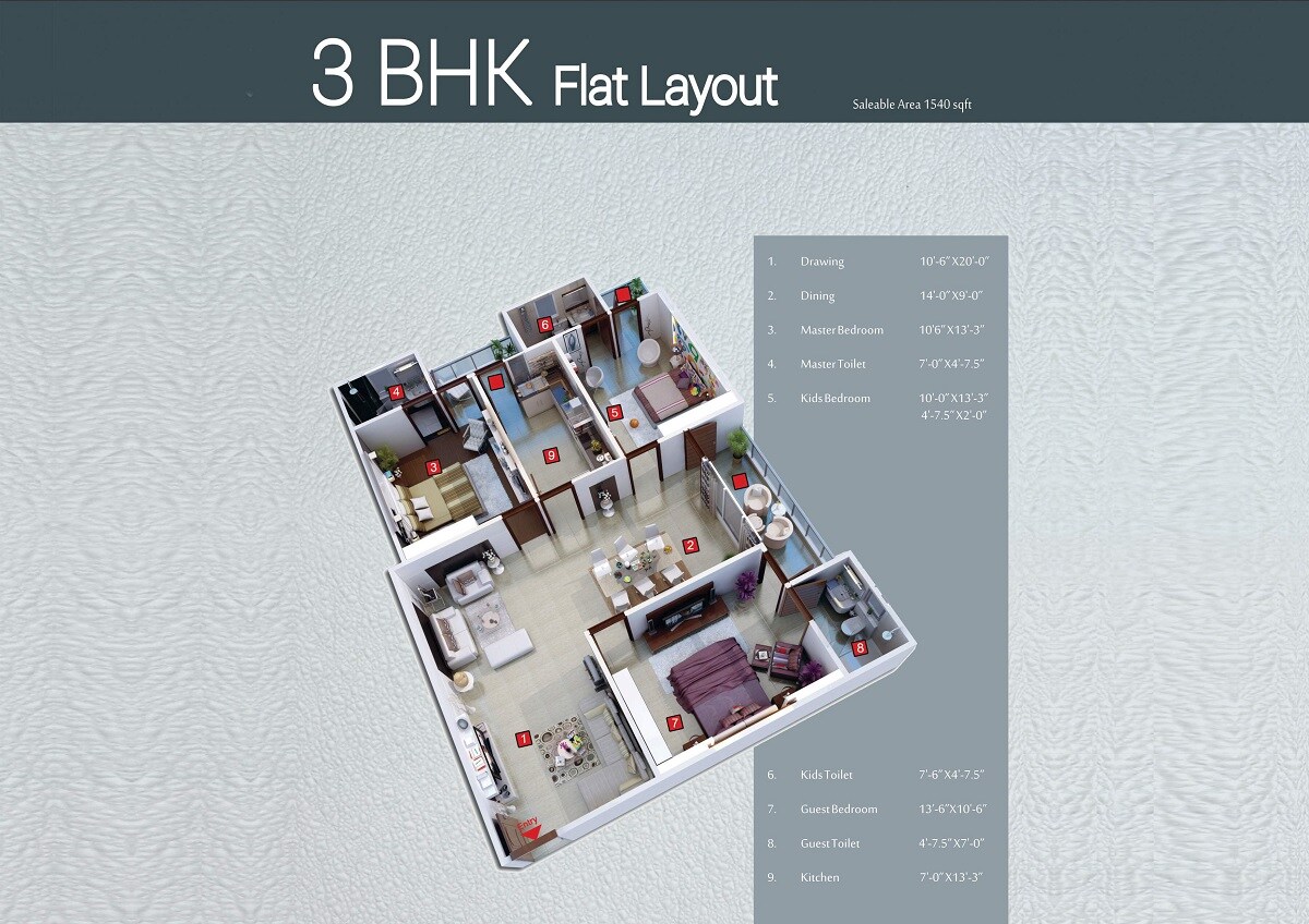 Floor plan of 3 BHK 1540 Sq. Ft. Apartment in VN Exclusive 444, Jaipur