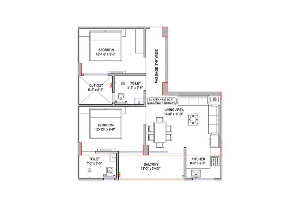 Floor plan of 2 BHK 536 Sq. Ft. Apartment in Yadupati Era First, Jaipur