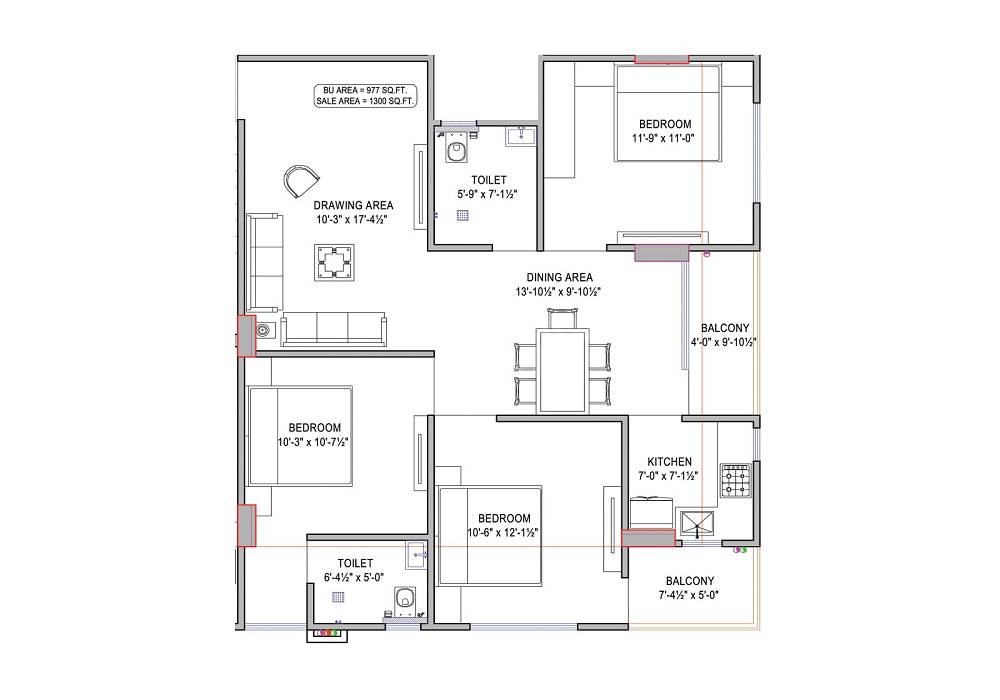 Floor plan of 3 BHK 887 Sq. Ft. Apartment in Yadupati Era First, Jaipur