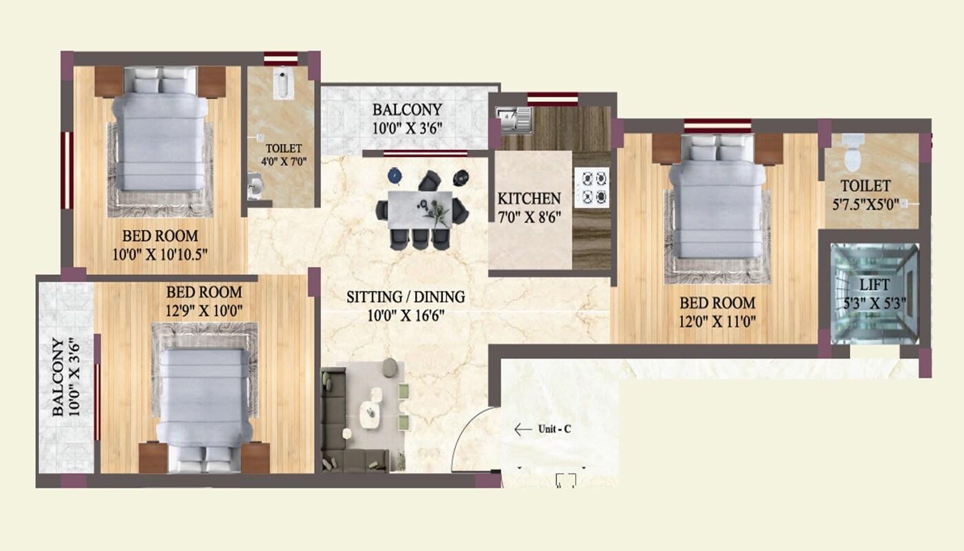 Floor plan of 3 BHK 1140 Sq. Ft. Apartment in Siddhivinayak Sachidanandam, Jamshedpur