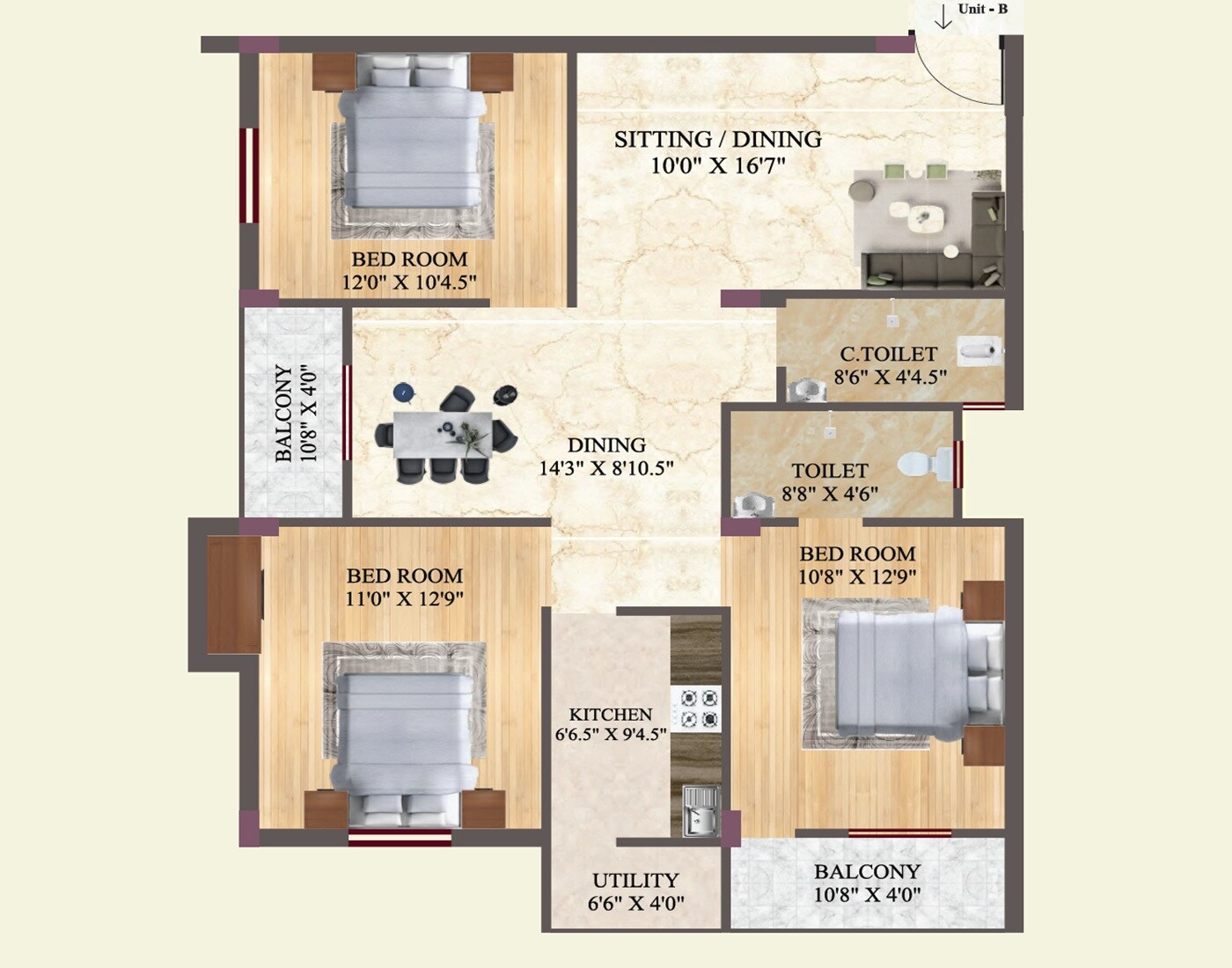 Floor plan of 3 BHK 1395 Sq. Ft. Apartment in Siddhivinayak Sachidanandam, Jamshedpur