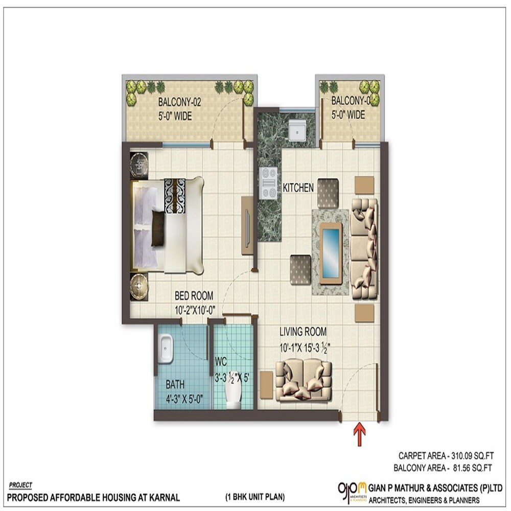 Floor plan of 1 BHK 310 Sq. Ft. Apartment in Ras Basera, Karnal