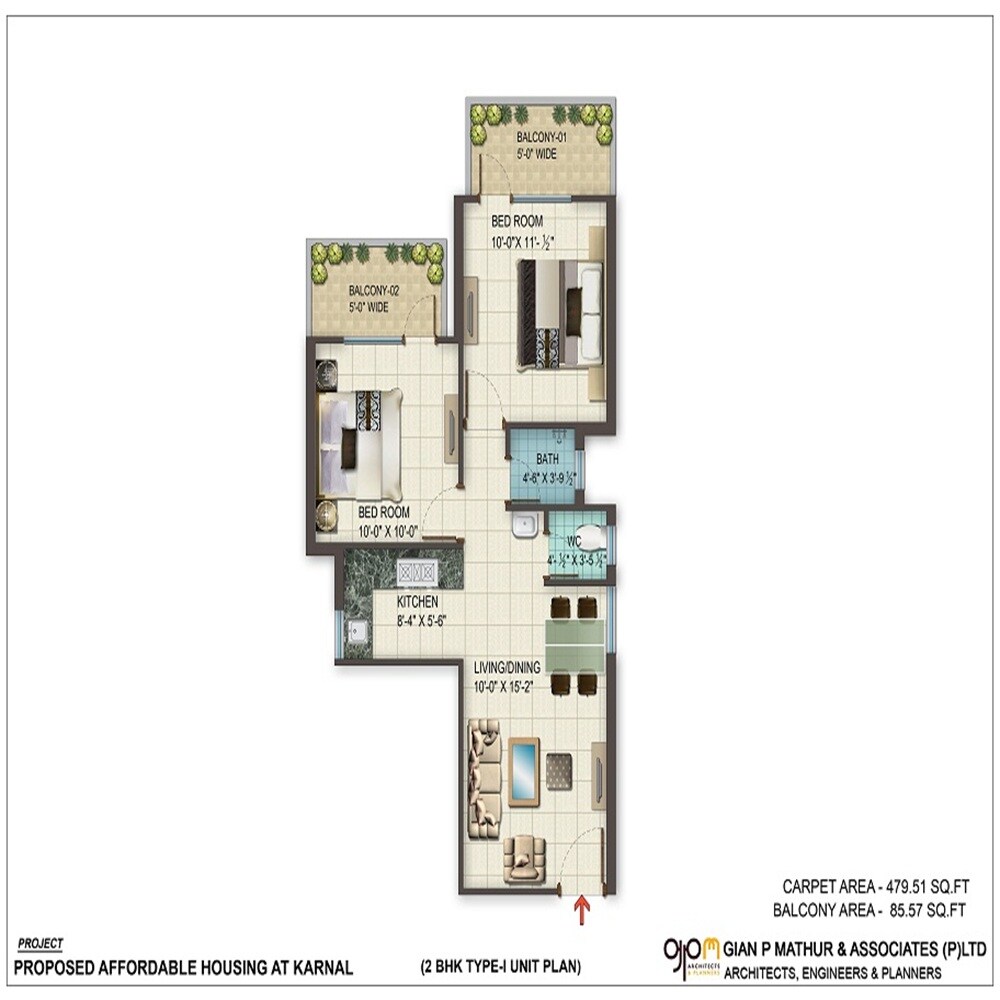 Floor plan of 2 BHK 480 Sq. Ft. Apartment in Ras Basera, Karnal