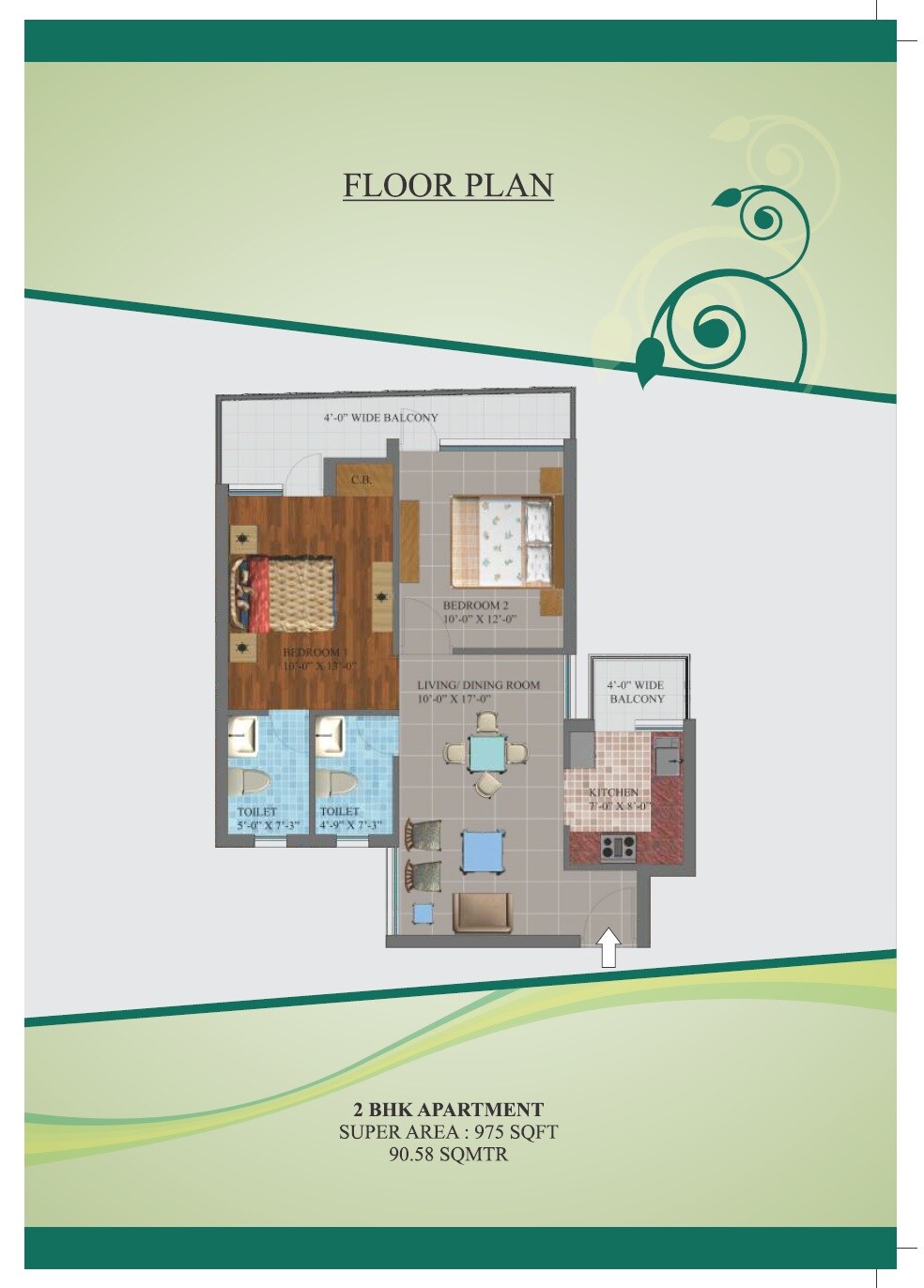 Floor plan of 2 BHK 975 Sq. Ft. Apartment in Ras Residency, Karnal