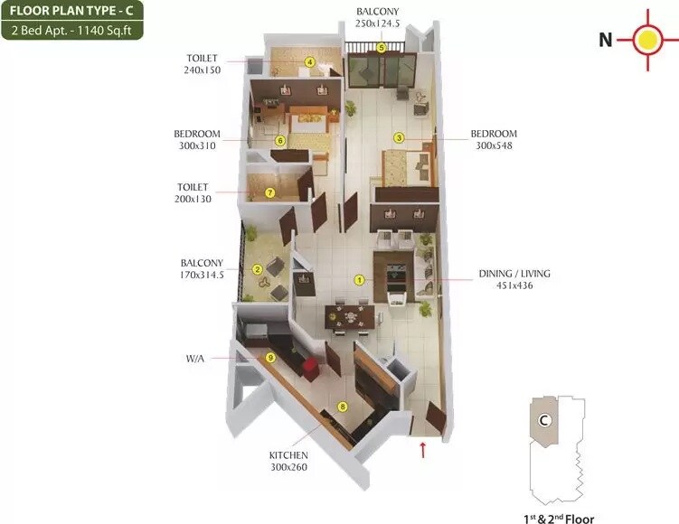 2 BHK 1140 Sq. Ft. Apartment