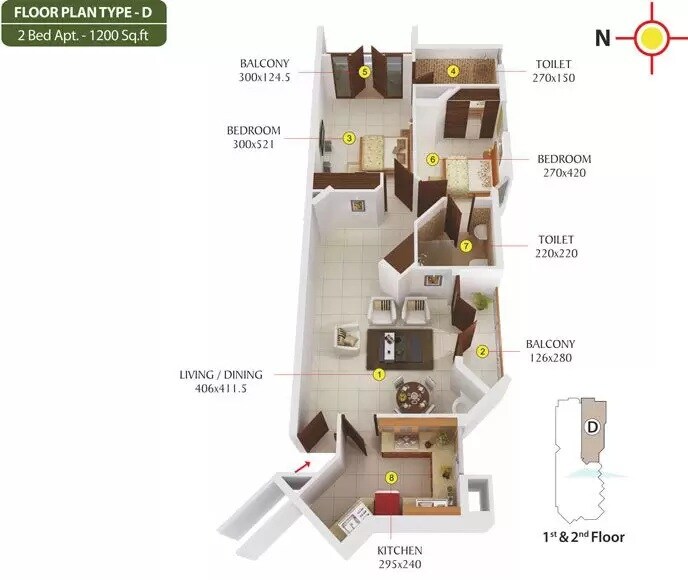 Floor plan of 2 BHK 1200 Sq. Ft. Apartment in Asset Bay, Kochi
