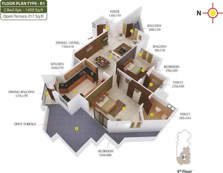 2 BHK 1450 Sq. Ft. Apartment