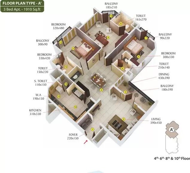 3 BHK 1910 Sq. Ft. Apartment