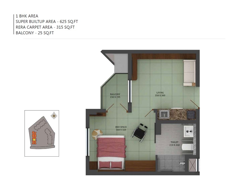 Floor plan of 1 BHK Apartment - 315 sq. ft. in Asset Serene Young At Heart, Kochi