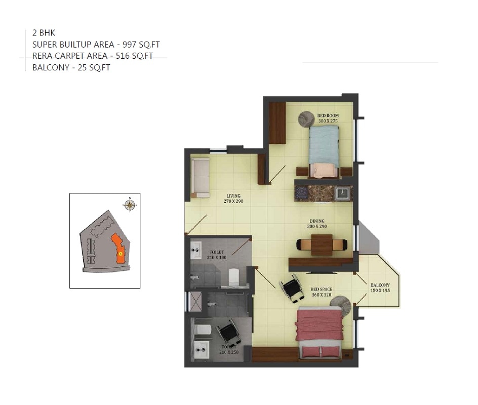 Floor plan of 2 BHK Apartment - 516 sq. ft. in Asset Serene Young At Heart, Kochi