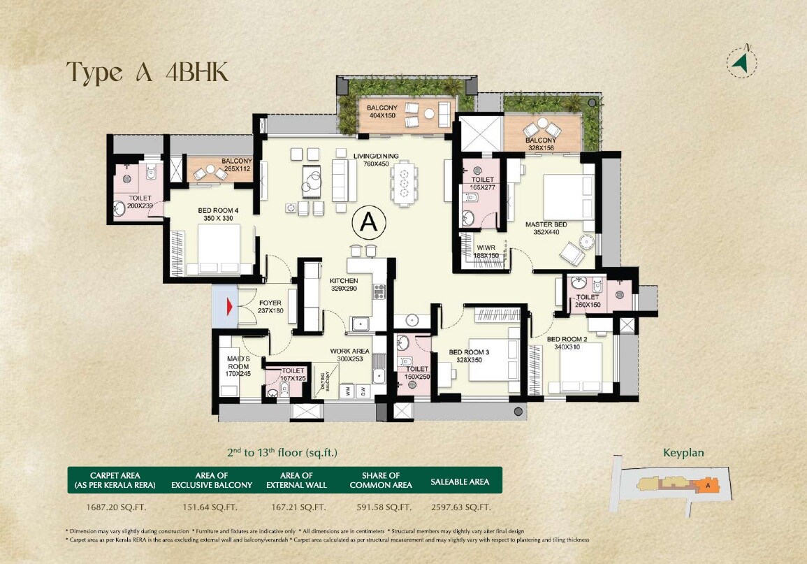 Floor plan of 4 BHK 2598 Sq. Ft. Apartment in Classic Indian Essence, Kochi
