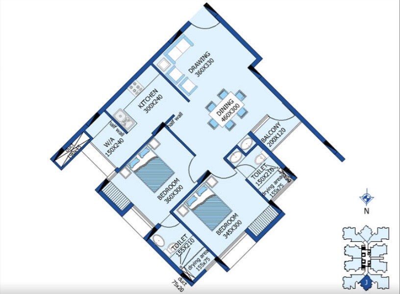 Floor plan of 2 BHK 1033 Sq. Ft. Apartment in Desai DD Silver Stone, Kochi