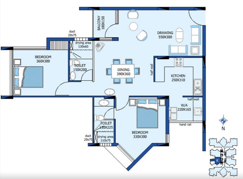 Floor plan of 2 BHK 1033 Sq. Ft. Apartment in Desai DD Silver Stone, Kochi