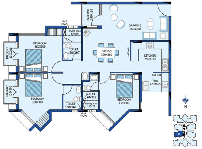 Floor plan of 3 BHK 1401 Sq. Ft. Apartment in Desai DD Silver Stone, Kochi