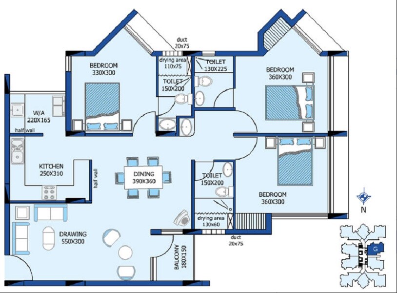 Floor plan of 3 BHK 1451 Sq. Ft. Apartment in Desai DD Silver Stone, Kochi