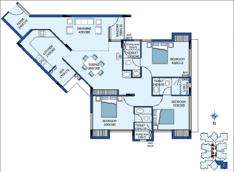 Floor plan of 3 BHK 1600 Sq. Ft. Apartment in Desai DD Silver Stone, Kochi