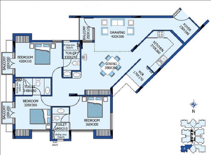 Floor plan of 3 BHK 1651 Sq. Ft. Apartment in Desai DD Silver Stone, Kochi