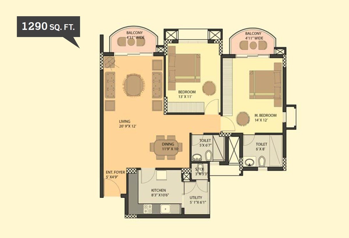 2 BHK 1290 Sq. Ft. Apartment