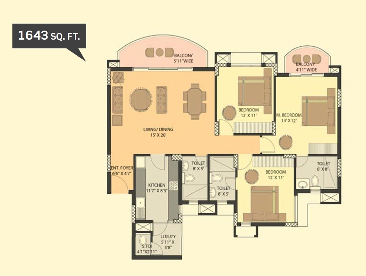 Floor plan of 3 BHK 1643 Sq. Ft. Apartment in Purva Eternity, Kochi
