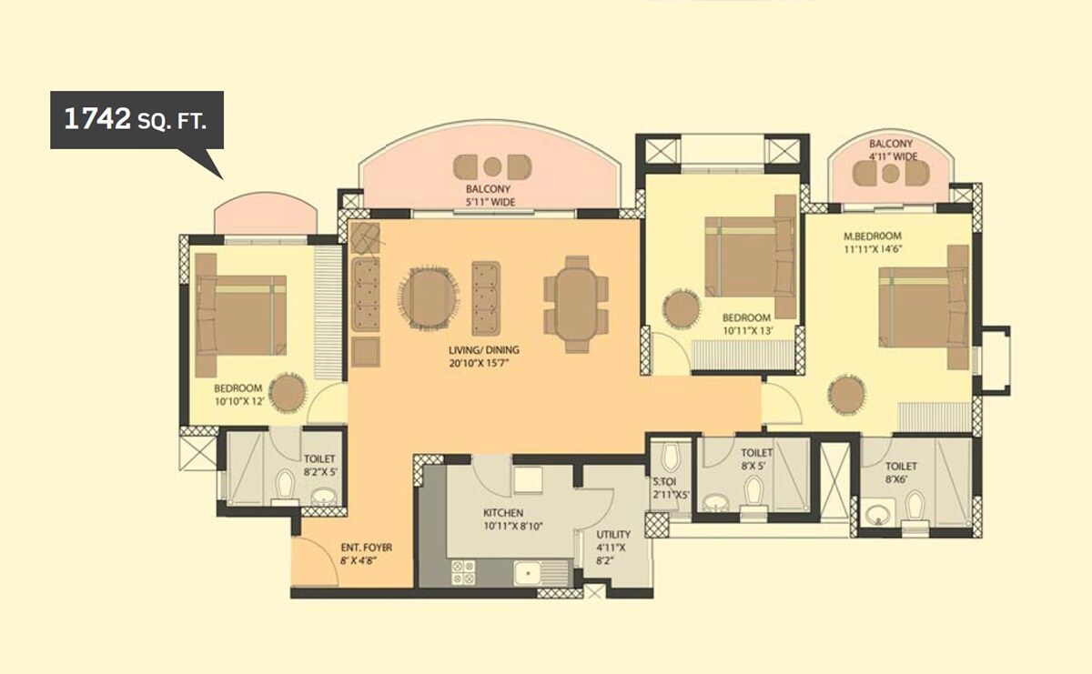 Floor plan of 3 BHK 1742 Sq. Ft. Apartment in Purva Eternity, Kochi