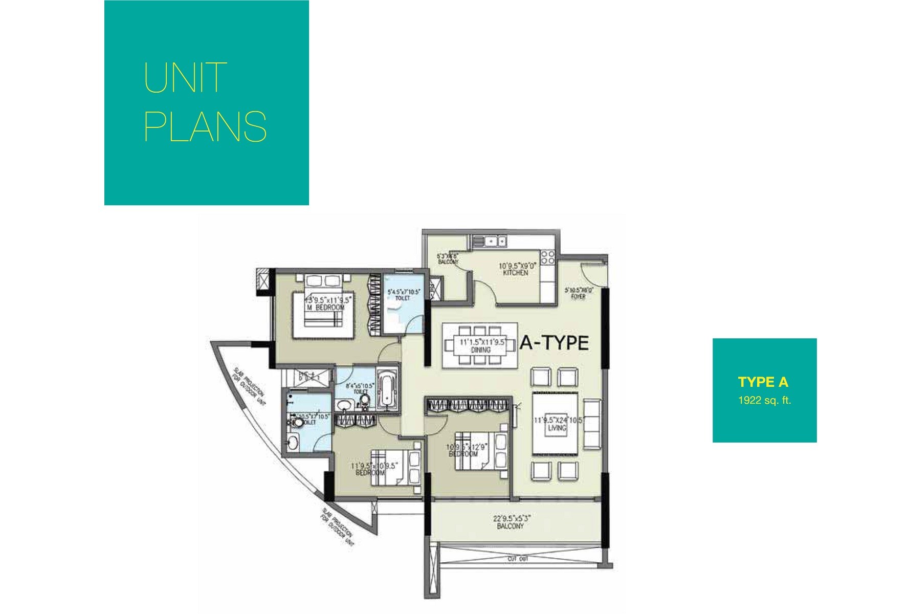 Floor plan of 3 BHK 1922 Sq. Ft. Apartment in Purva Grandbay, Kochi