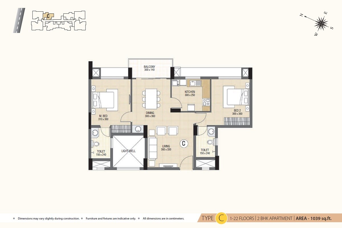 Floor plan of 2 BHK 1039 Sq. Ft. Apartment in Skyline Ivy League, Kochi