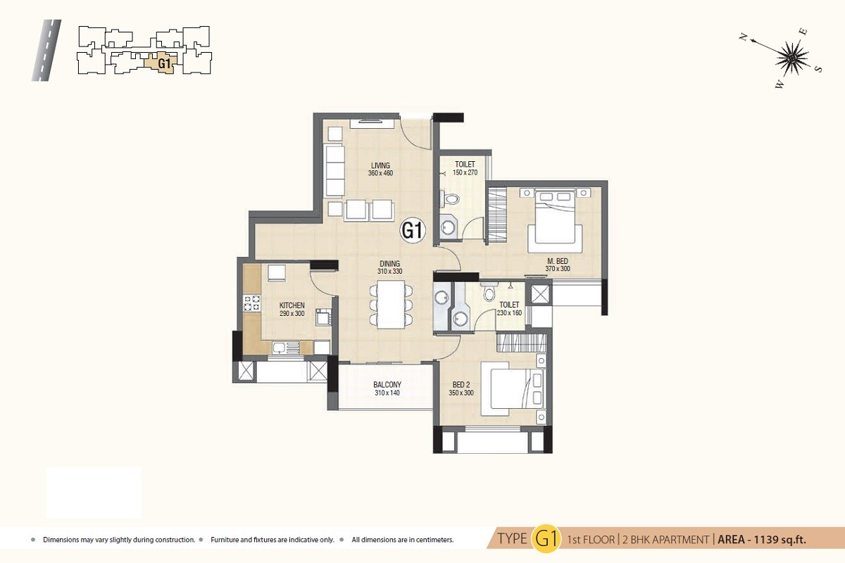 Floor plan of 2 BHK 1139 Sq. Ft. Apartment in Skyline Ivy League, Kochi