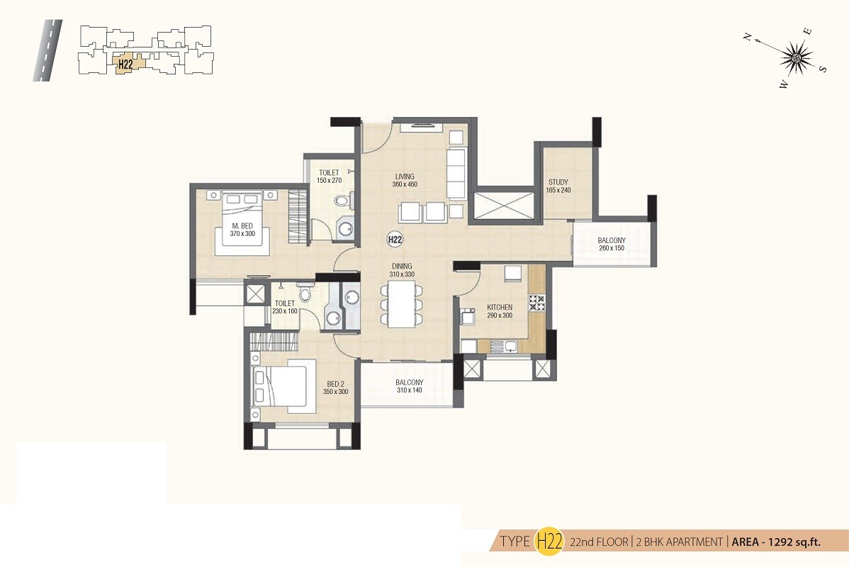 Floor plan of 2 BHK 1292 Sq. Ft. Apartment in Skyline Ivy League, Kochi