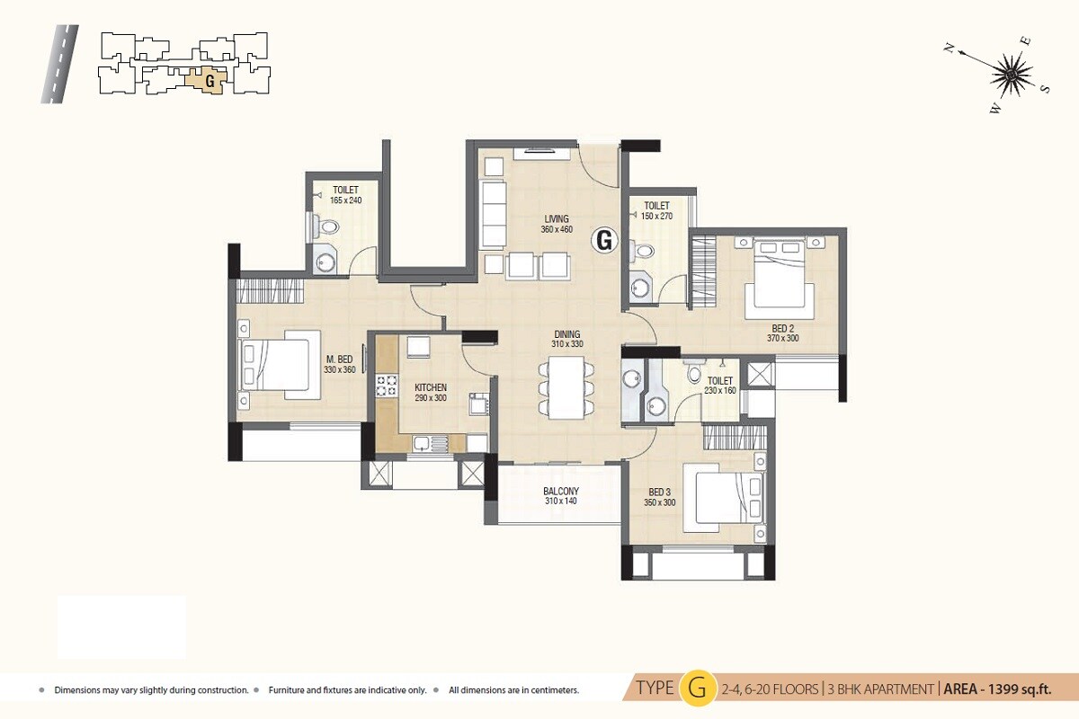 Floor plan of 3 BHK 1399 Sq. Ft. Apartment in Skyline Ivy League, Kochi