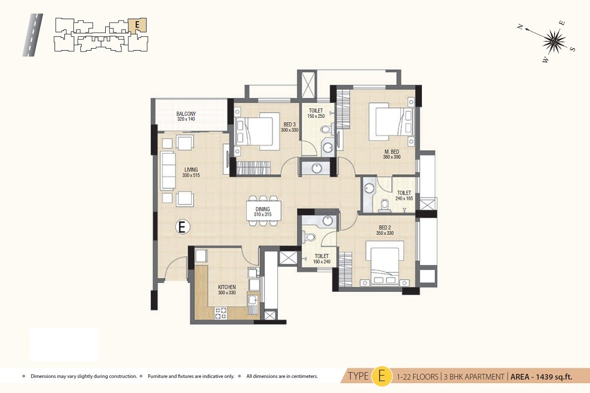 Floor plan of 3 BHK 1439 Sq. Ft. Apartment in Skyline Ivy League, Kochi