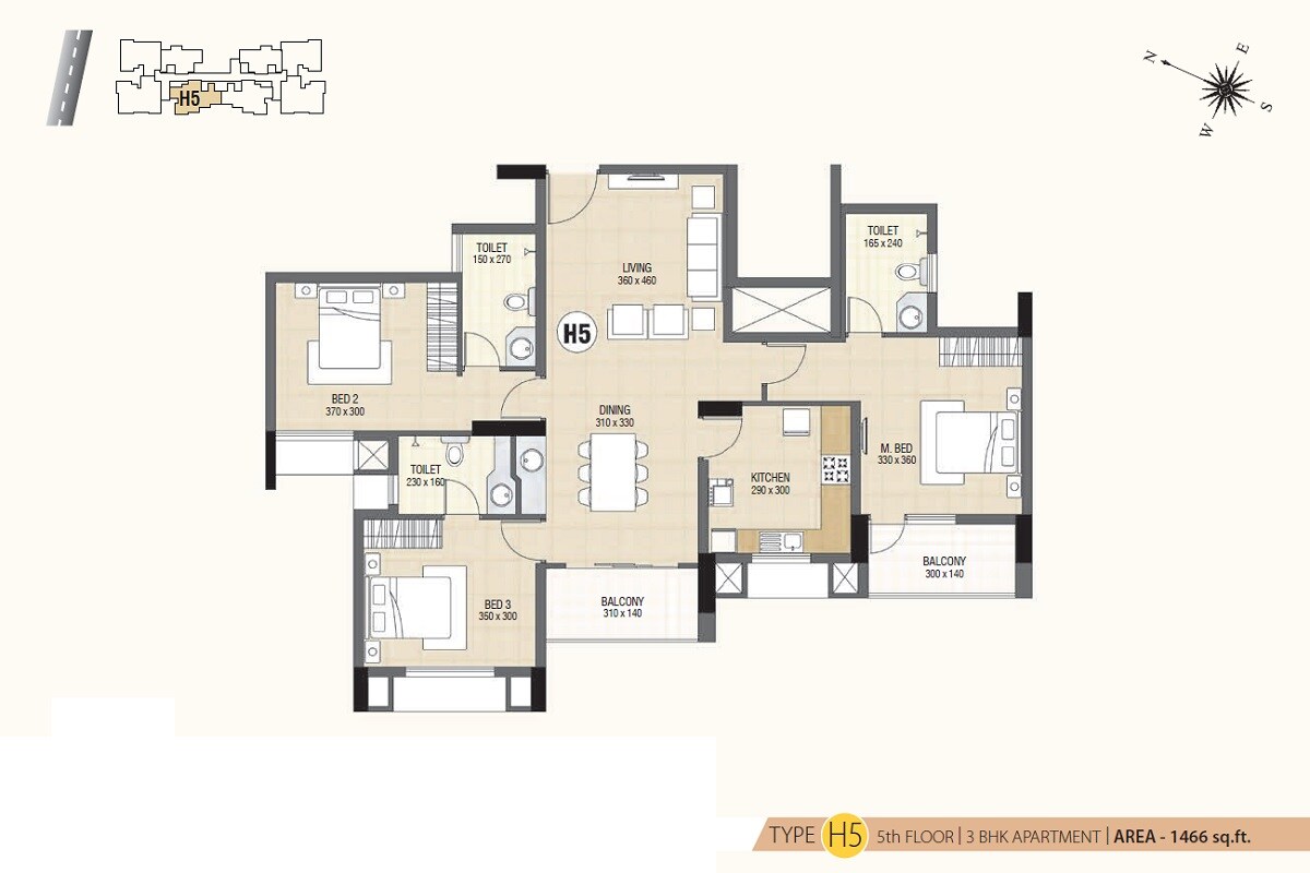 Floor plan of 3 BHK 1466 Sq. Ft. Apartment in Skyline Ivy League, Kochi