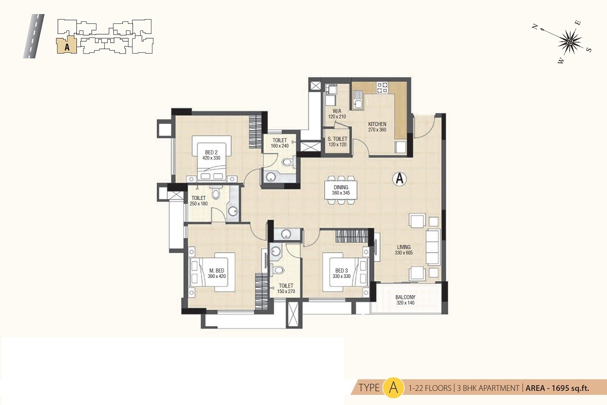 Floor plan of 3 BHK 1695 Sq. Ft. Apartment in Skyline Ivy League, Kochi
