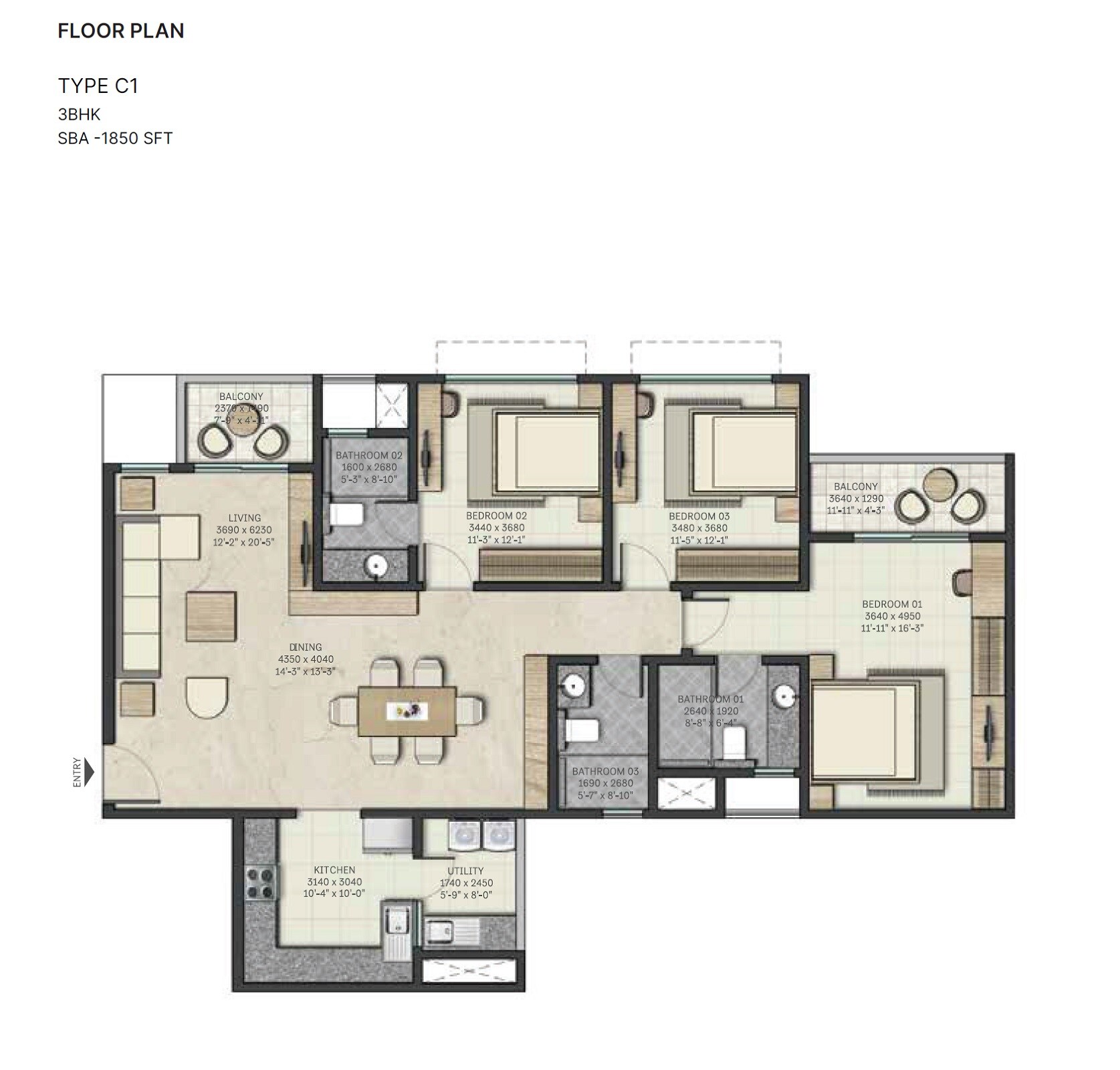 3 BHK 1850 Sq. Ft. Apartment