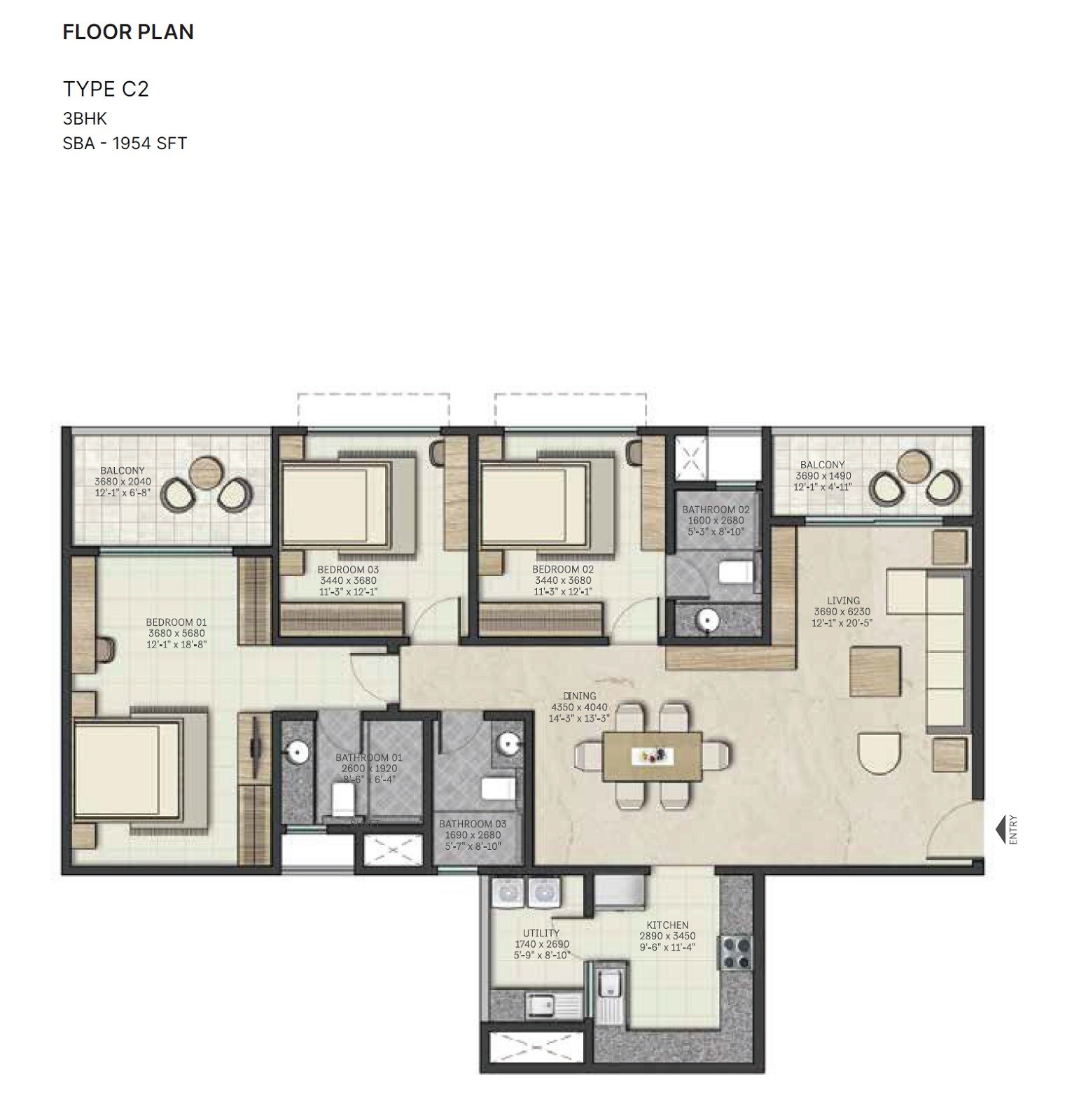3 BHK 1954 Sq. Ft. Apartment