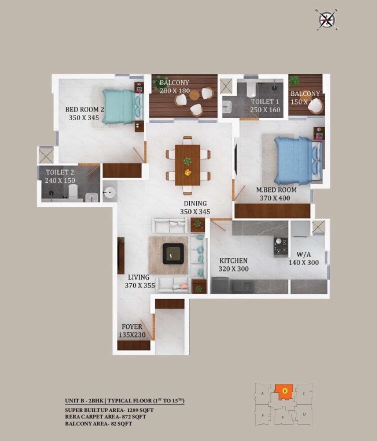 Floor plan of 2 BHK 1289 Sq. Ft. Apartment in Varma Queens Gateway, Kochi