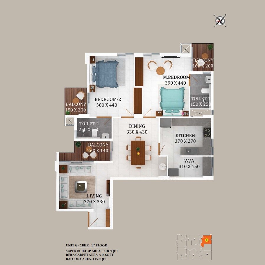 Floor plan of 2 BHK 1408 Sq. Ft. Apartment in Varma Queens Gateway, Kochi