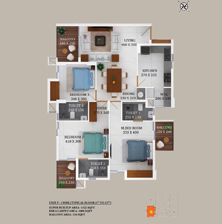 Floor plan of 3 BHK 1522 Sq. Ft. Apartment in Varma Queens Gateway, Kochi
