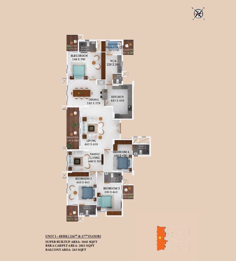 Floor plan of 4 BHK 3043 Sq. Ft. Apartment in Varma Queens Gateway, Kochi
