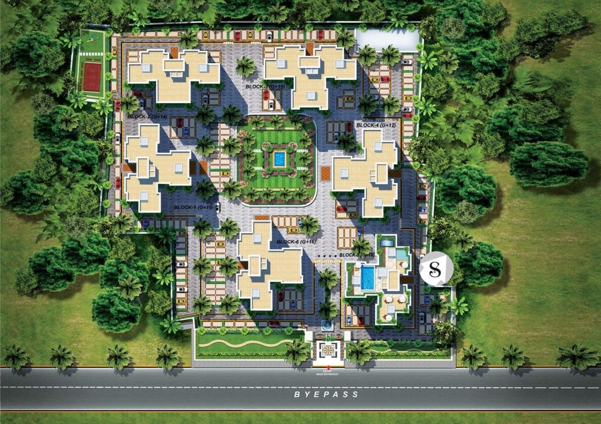 Rajwada-Royal-Gardens_an aerial view of a lush green field with palm trees