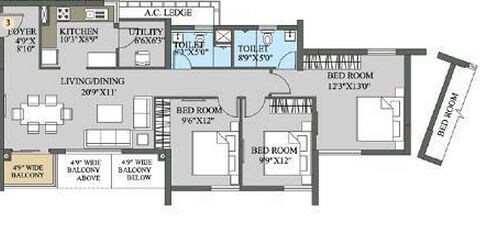 Floor plan of 3 BHK 1529 Sq. Ft. Apartment in Aadya Tolly Exotica, Kolkata
