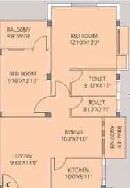 Floor plan of 2 BHK 1135 Sq. Ft. Apartment in Aashiana Mukul Shanti Garden, Kolkata
