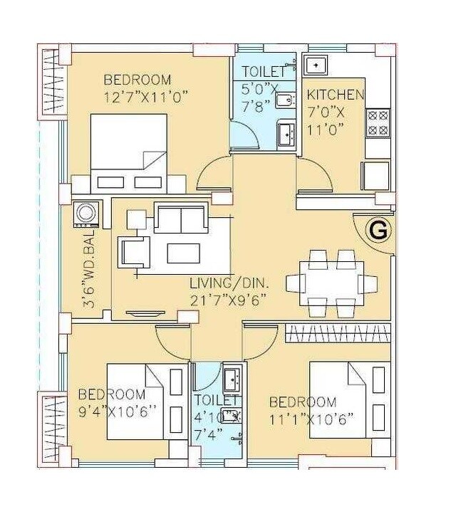 Floor plan of 3 BHK 1213 Sq. Ft. Apartment in Adya Exotica Heights, Kolkata