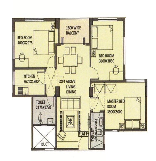 Floor plan of 3 BHK 1277 Sq. Ft. Apartment in Agate Akash, Kolkata